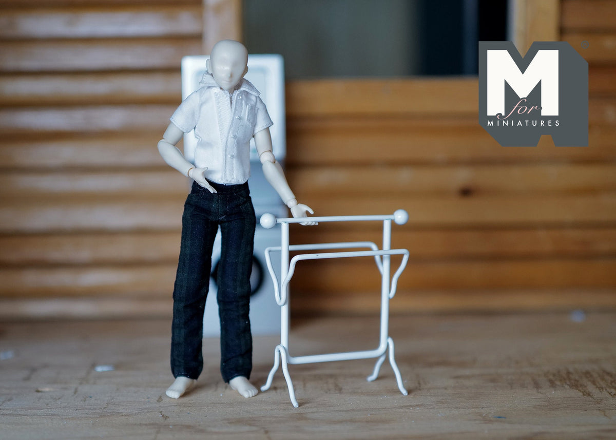 1:12 Scale Miniature Metal Freestanding Towel Rack, 2-15/16 inch tall, DIY Dollhouse Supply (white)