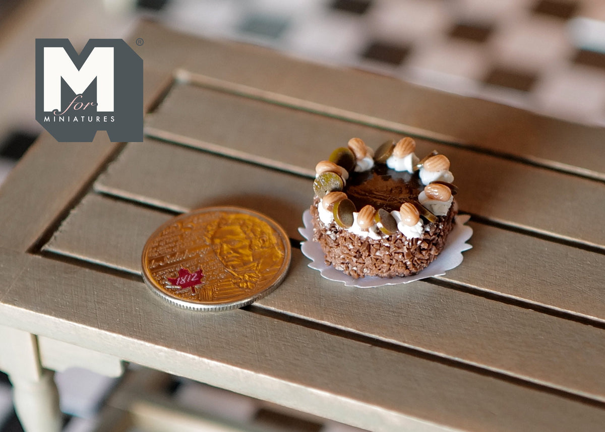 1:12 Scale Miniature Chocolate Almond Cake with Cream Swirls, on Silver Board, 13/16 inch long, DIY Dollhouse Supply