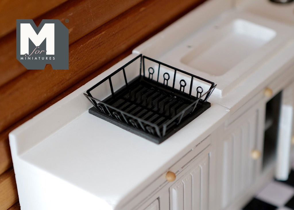 1:12 Scale Miniature Metal Dish Drainer with Mat, 1-15/16 inch long, DIY Dollhouse Supply (black)
