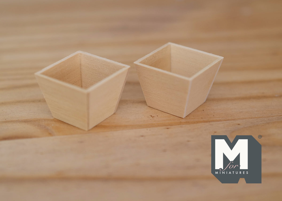 1:12 Scale Miniature Unpainted Wood Square Planter Box, Tapered, Set of 2, 7/8 inch tall, DIY Dollhouse Supply (large)