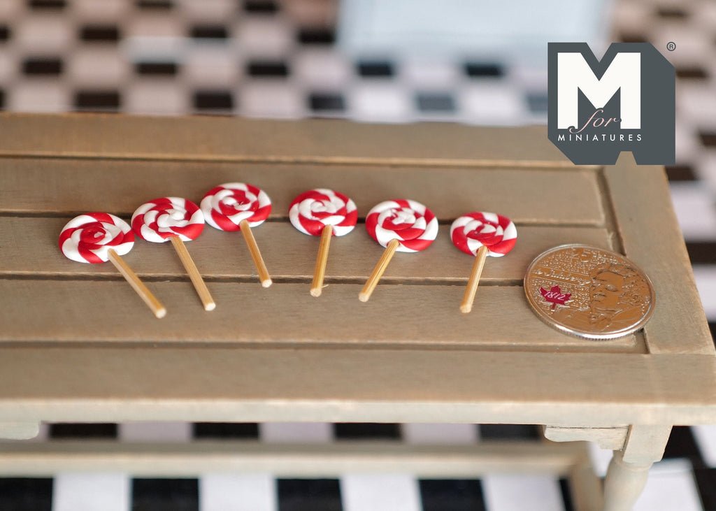 1:12 Scale Miniature Swirl Lollipops, Set of 6, 1 inch tall, DIY Dollhouse Supply (red and white)