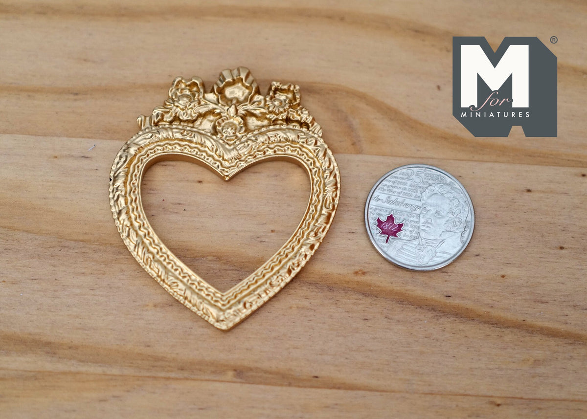 1:12 Scale Miniature Ornate Heart Picture Frame with Bow Top, 2-5/16 inch tall, DIY Dollhouse Supply (gold)