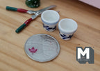 1:12 Scale Miniature Ceramic Round Flower Pots, Floral Pattern, Set of 2, 1/2 inch tall, DIY Dollhouse Supply (blue and white)