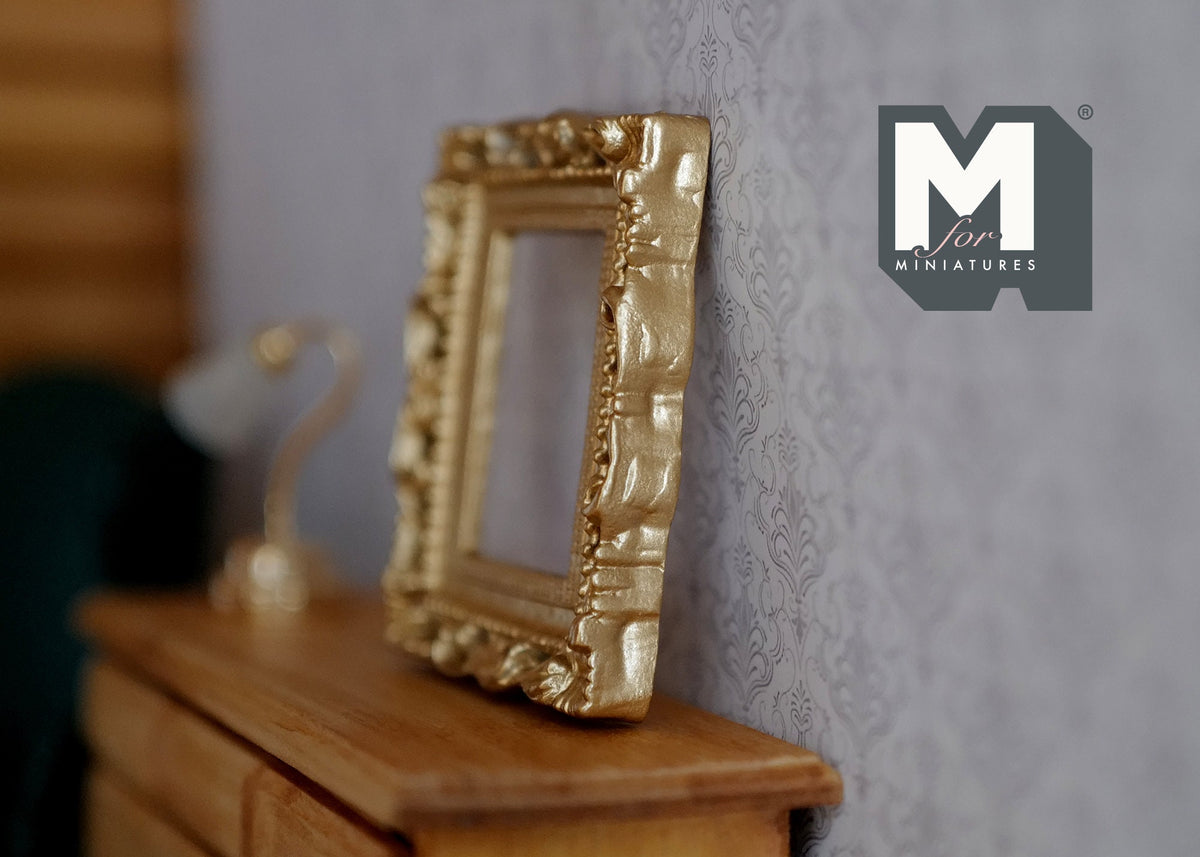 1:12 Scale Miniature Deep Carved Ornate Rectangular Picture Frame, 2-7/8 inch tall, DIY Dollhouse Supply (gold)