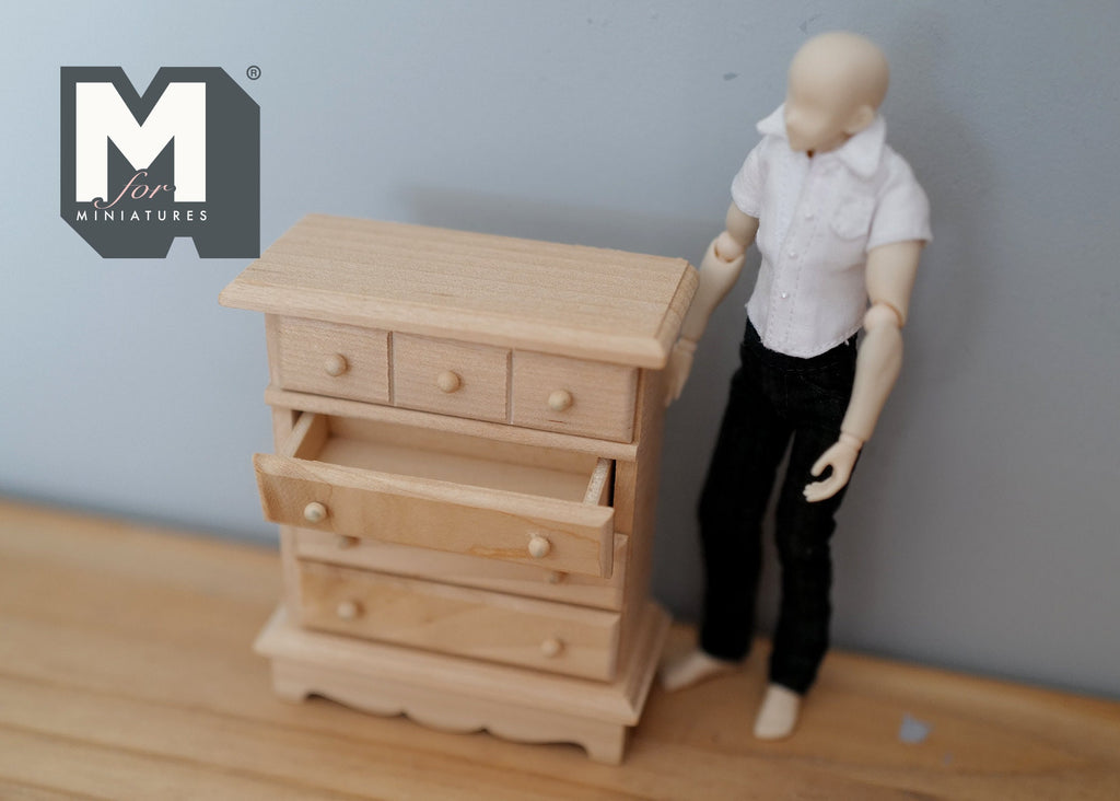 1:12 Scale Miniature Unpainted Wood Chest of Drawers, 4 Drawers, Shaped Base, 3-13/16 inch tall, DIY Dollhouse Supply