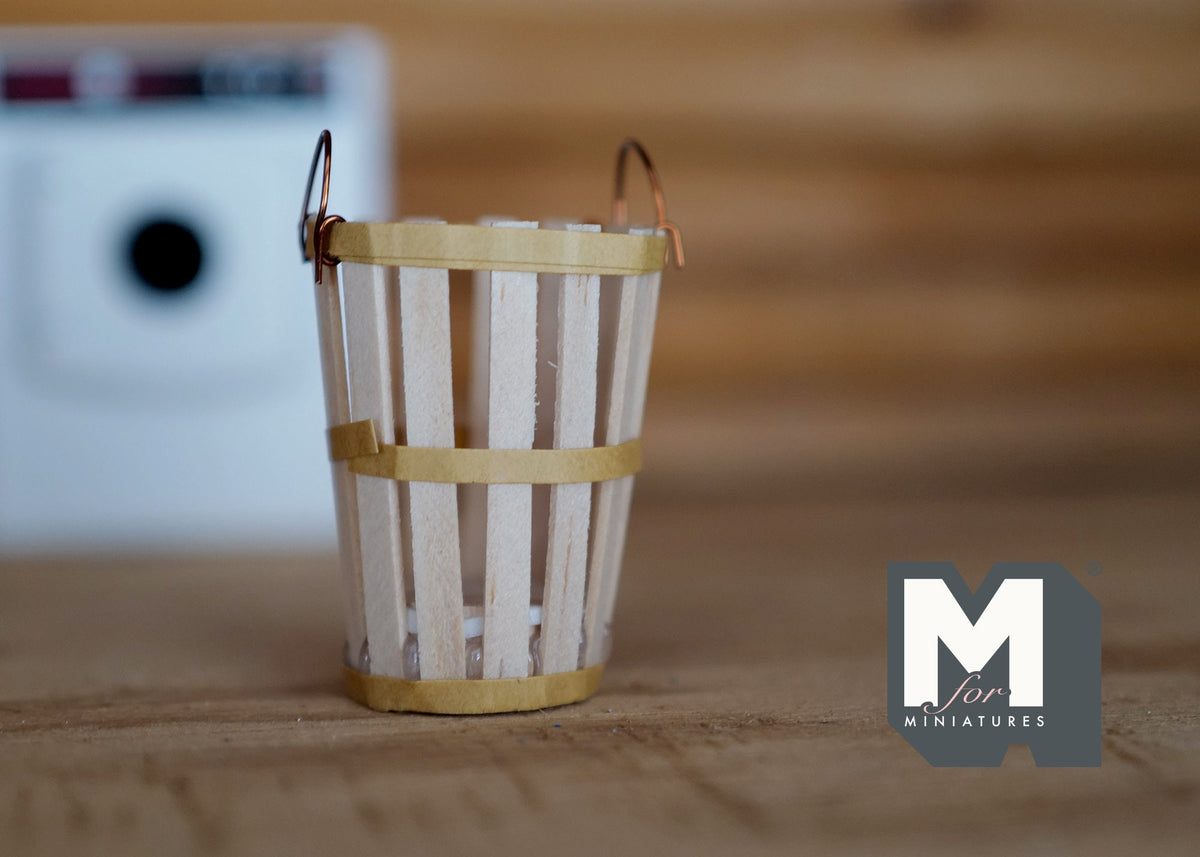 1:12 Scale Miniature Wood Slat Bucket with Metal Bands and Wire Handle, 1-9/16 inch tall, DIY Dollhouse Supply (cream)