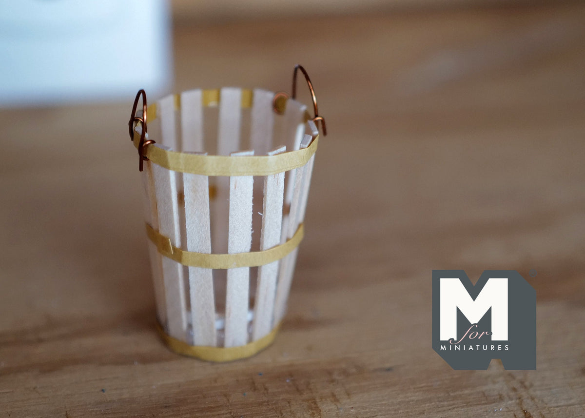 1:12 Scale Miniature Wood Slat Bucket with Metal Bands and Wire Handle, 1-9/16 inch tall, DIY Dollhouse Supply (cream)