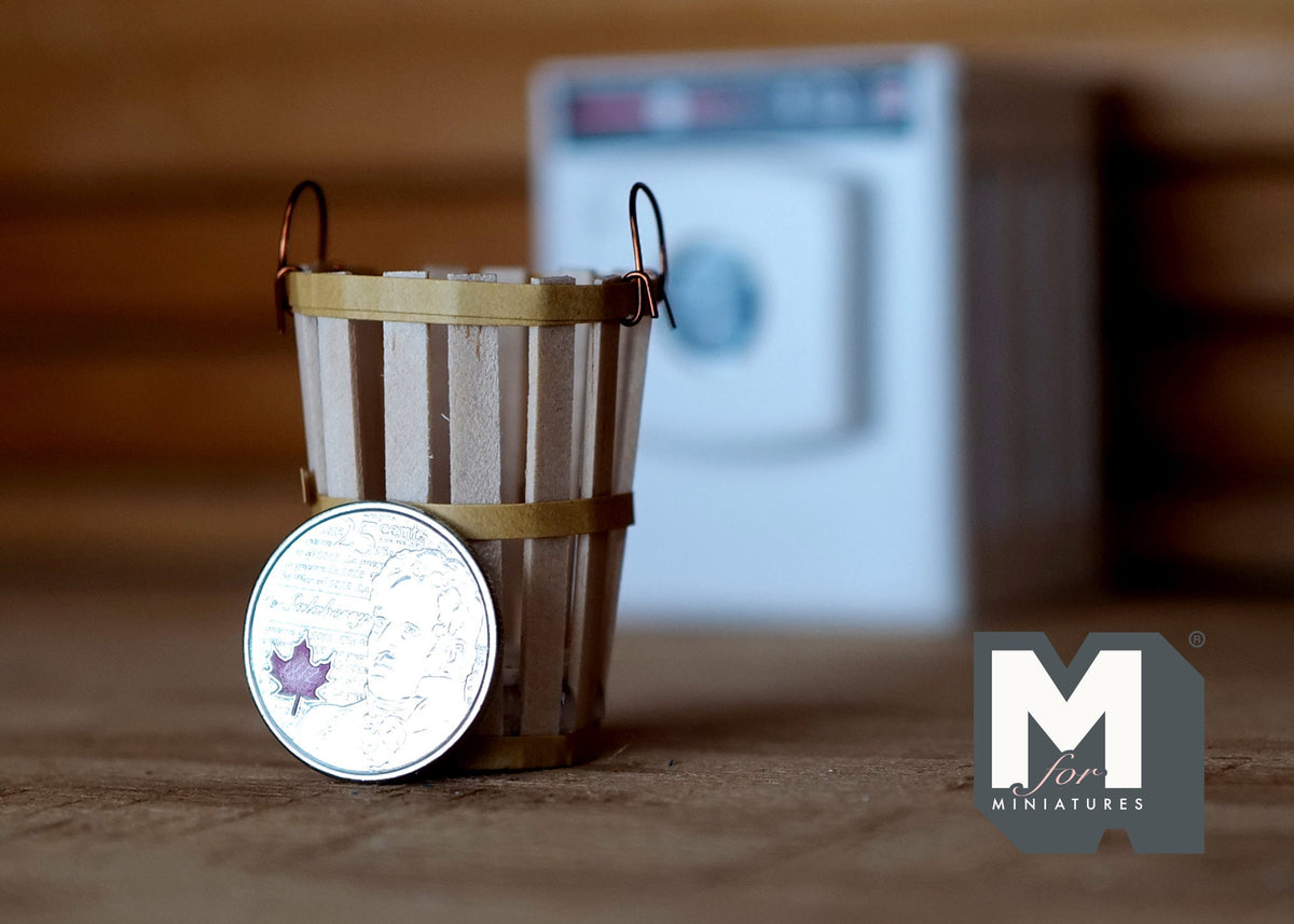 1:12 Scale Miniature Wood Slat Bucket with Metal Bands and Wire Handle, 1-9/16 inch tall, DIY Dollhouse Supply (cream)