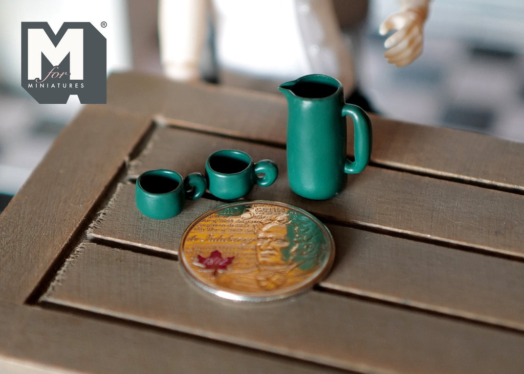1:12 Scale Miniature Water Pot, Kettle, Cups and Mug Set, 5 Pieces, 11/16 inch tall, DIY Dollhouse Supply (dark green)