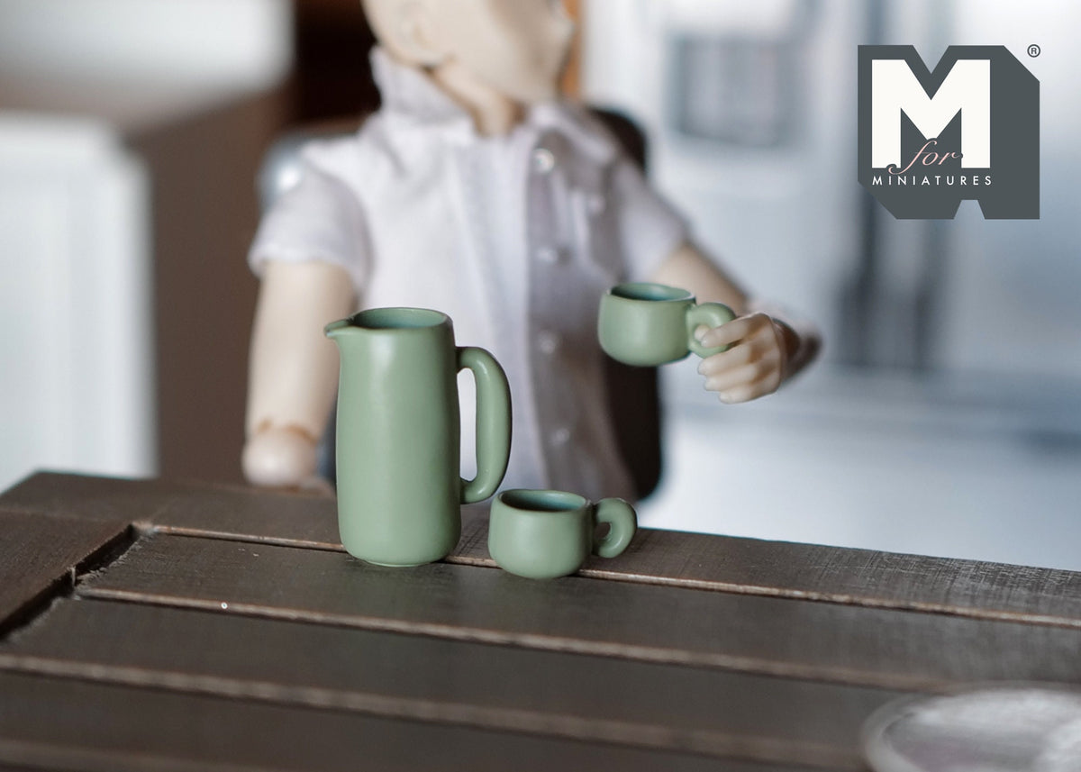 1:12 Scale Miniature Water Pot, Kettle, Cups and Mug Set, 5 Pieces, 11/16 inch tall, DIY Dollhouse Supply (sage green)