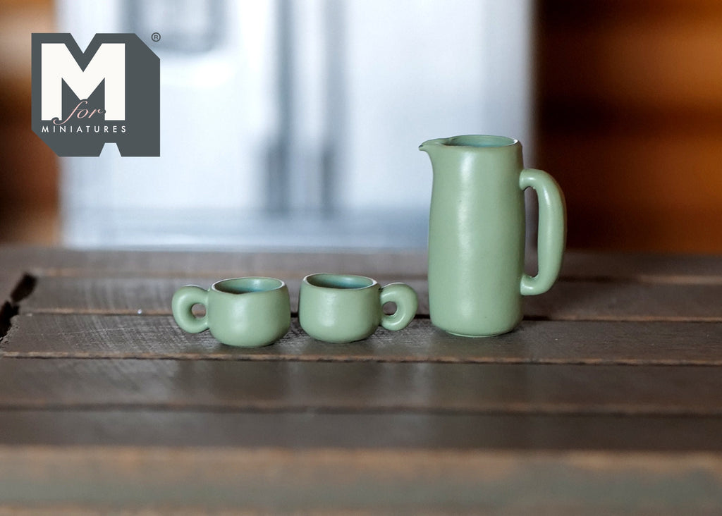 1:12 Scale Miniature Water Pot, Kettle, Cups and Mug Set, 5 Pieces, 11/16 inch tall, DIY Dollhouse Supply (sage green)