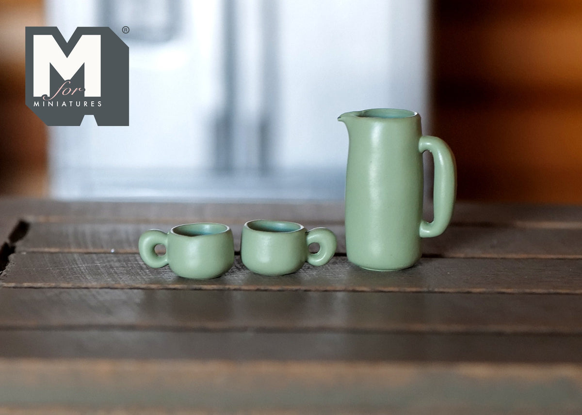 1:12 Scale Miniature Water Pot, Kettle, Cups and Mug Set, 5 Pieces, 11/16 inch tall, DIY Dollhouse Supply (sage green)