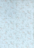 1:12 scale miniature floral peel and stick wallpaper in light blue with small pink roses and green leaves