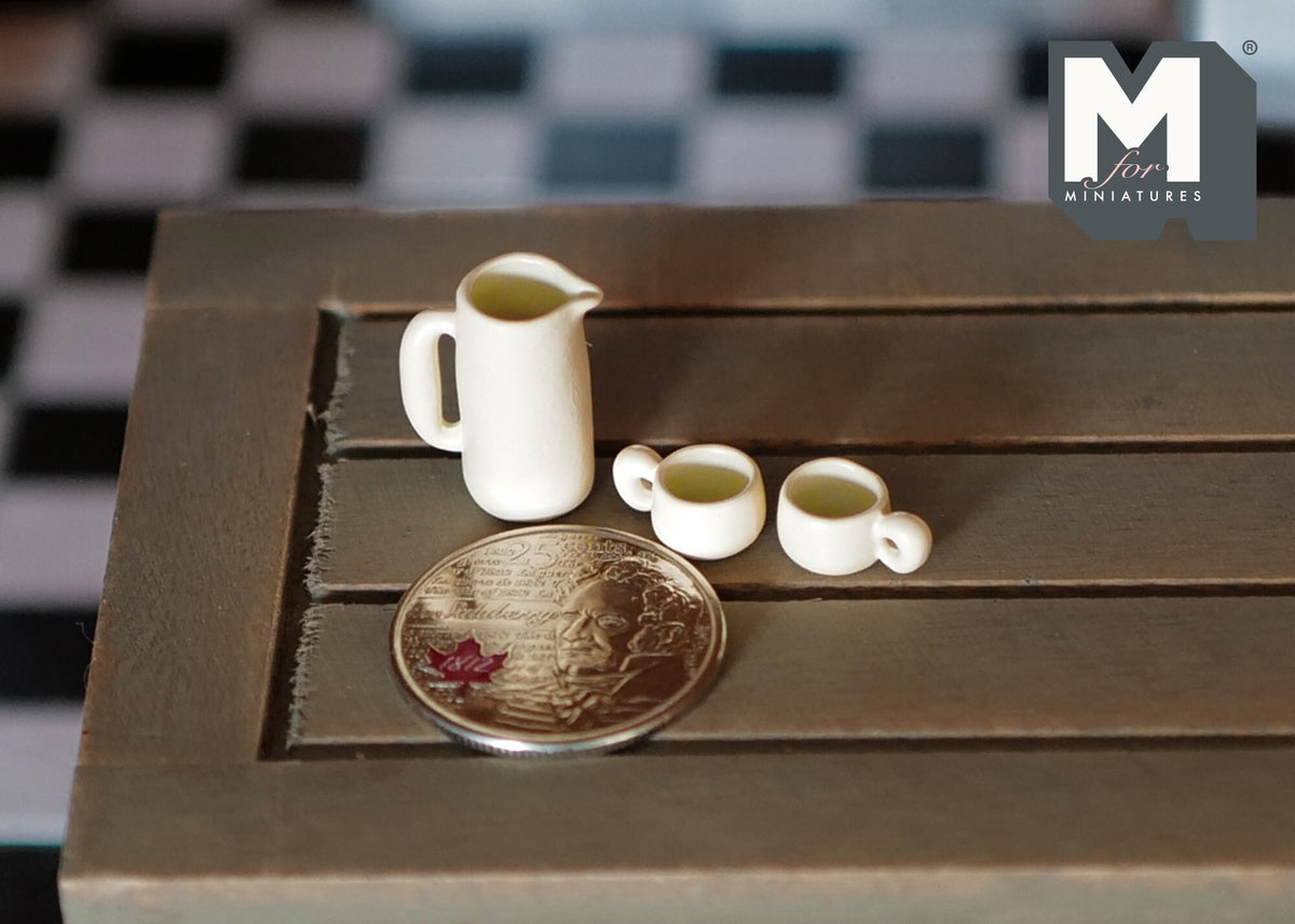 Dollhouse Supplies  miniature water tea pot with 2 cups kettle and coffee mug set - A038