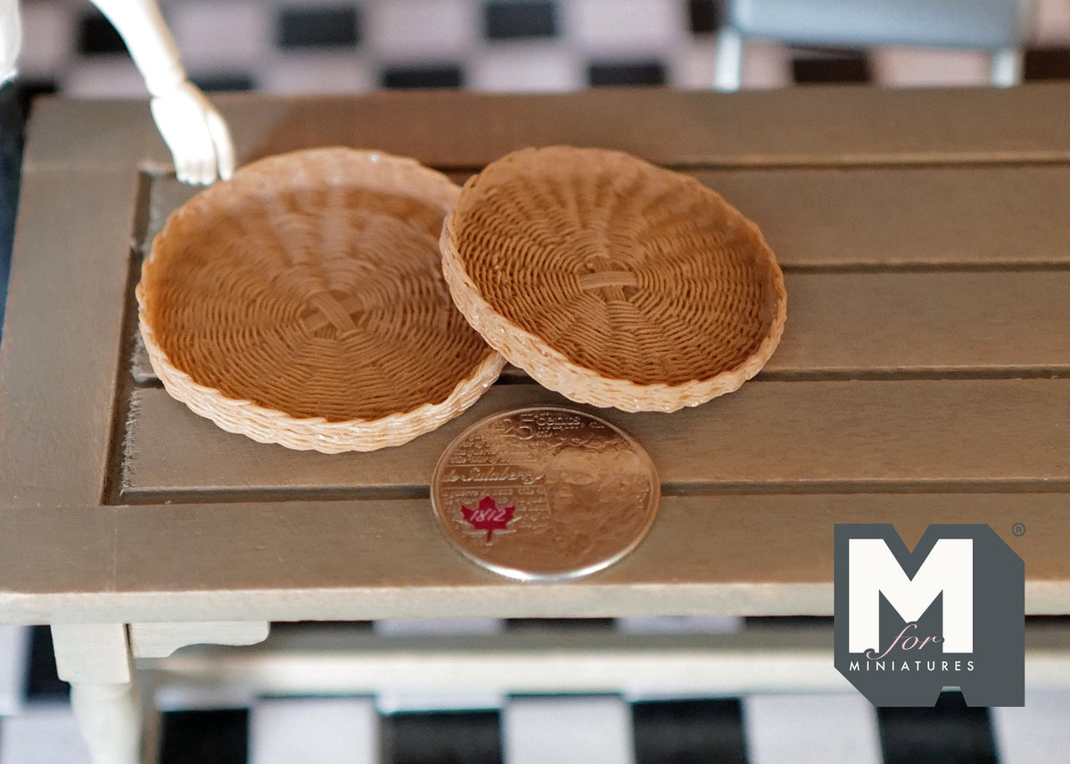 1:12 Scale Miniature Round Woven Trays, Set of 2, 1-5/8 inch dia., DIY Dollhouse Supply (brown)