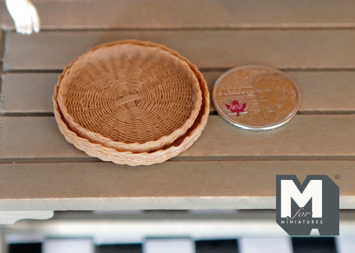 1:12 Scale Miniature Round Woven Trays, Set of 2, 1-5/8 inch dia., DIY Dollhouse Supply (brown)