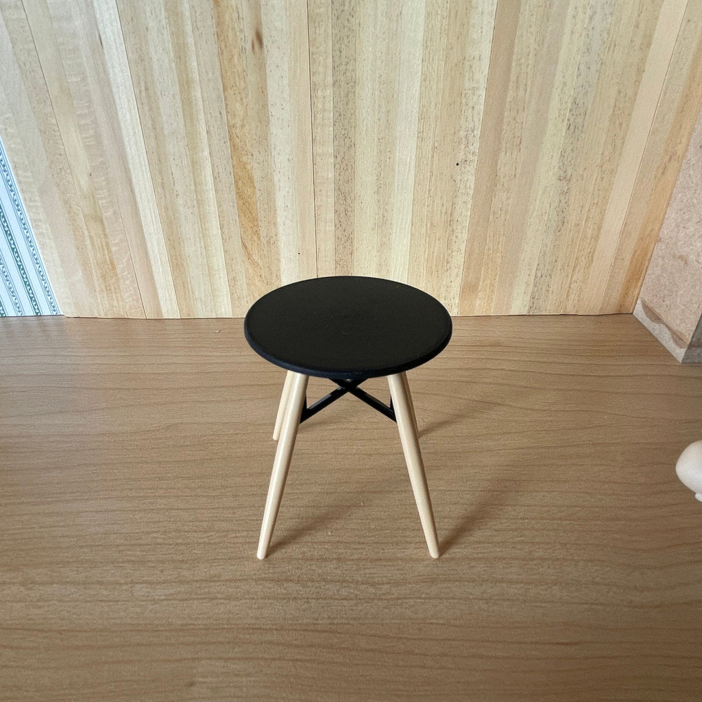 1:12 Scale Miniature Round Patio Table, Black Top, Wood Legs with X Brace, 2-3/8 inch tall, DIY Dollhouse Supply