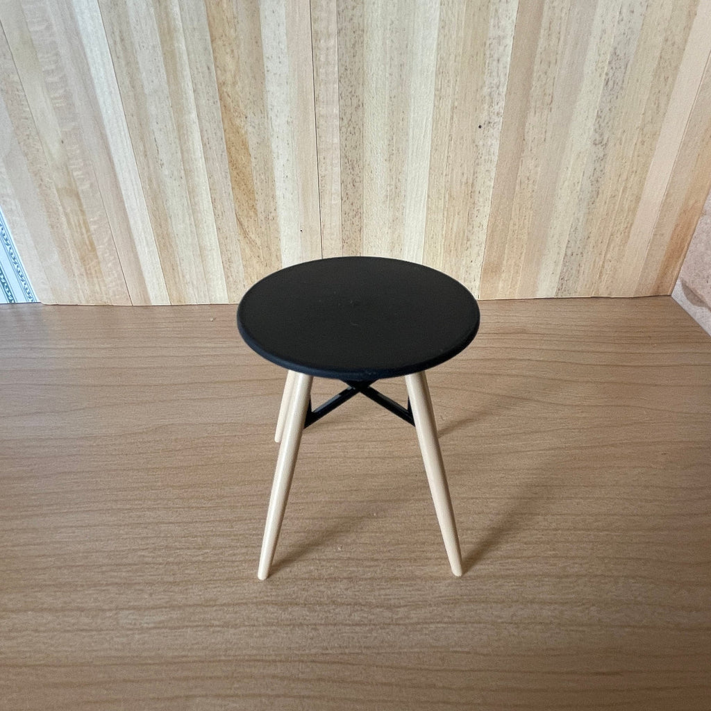 1:12 Scale Miniature Round Patio Table, Black Top, Wood Legs with X Brace, 2-3/8 inch tall, DIY Dollhouse Supply