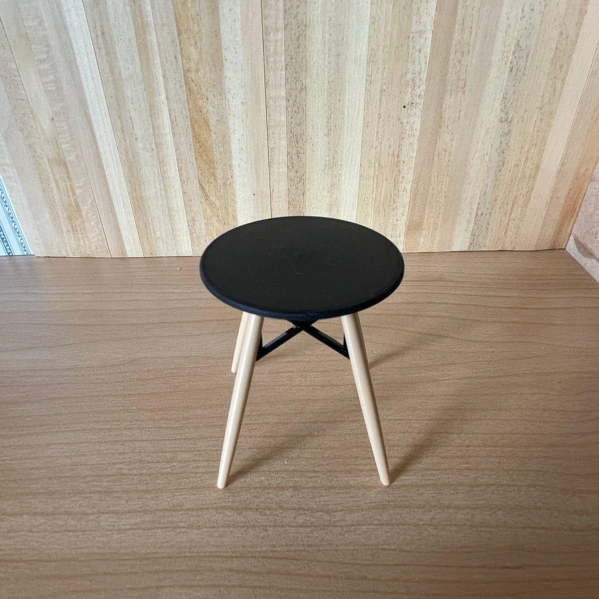 1:12 Scale Miniature Round Patio Table, Black Top, Wood Legs with X Brace, 2-3/8 inch tall, DIY Dollhouse Supply