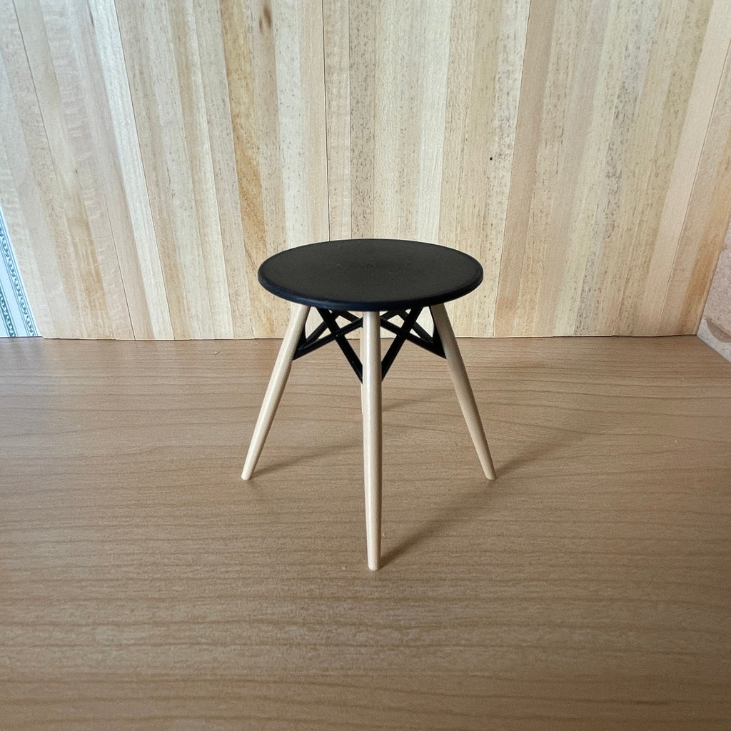 1:12 Scale Miniature Round Patio Table, Black Top, Wood Legs with X Brace, 2-3/8 inch tall, DIY Dollhouse Supply