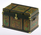 1:12 scale miniature lithographed wood trunk kit with green and orange printed panels and brass corners, shown assembled