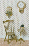 1:12 scale miniature furniture kit with chair, coffee table, clock and spoon rack, shown assembled in gold tone