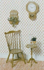 1:12 scale miniature furniture kit with chair, coffee table, clock and spoon rack, shown assembled in gold tone