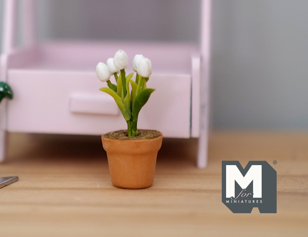 1:12 Scale Miniature Potted Tulips, Terracotta Pot, 1-1/4 inch tall, DIY Dollhouse Supply (white)