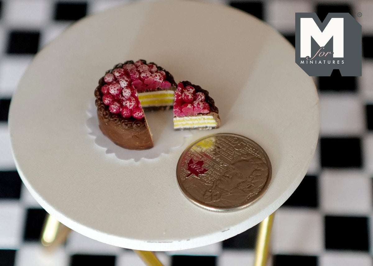 1:12 Scale Miniature Chocolate Cake with Berries, Slice Cut Out, 13/16 inch dia., DIY Dollhouse Supply