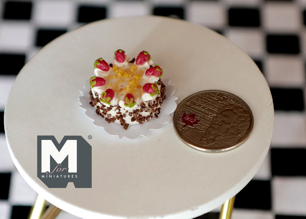 1:12 Scale Miniature Chocolate Birthday Cake with Strawberries, 13/16 inch dia., DIY Dollhouse Supply