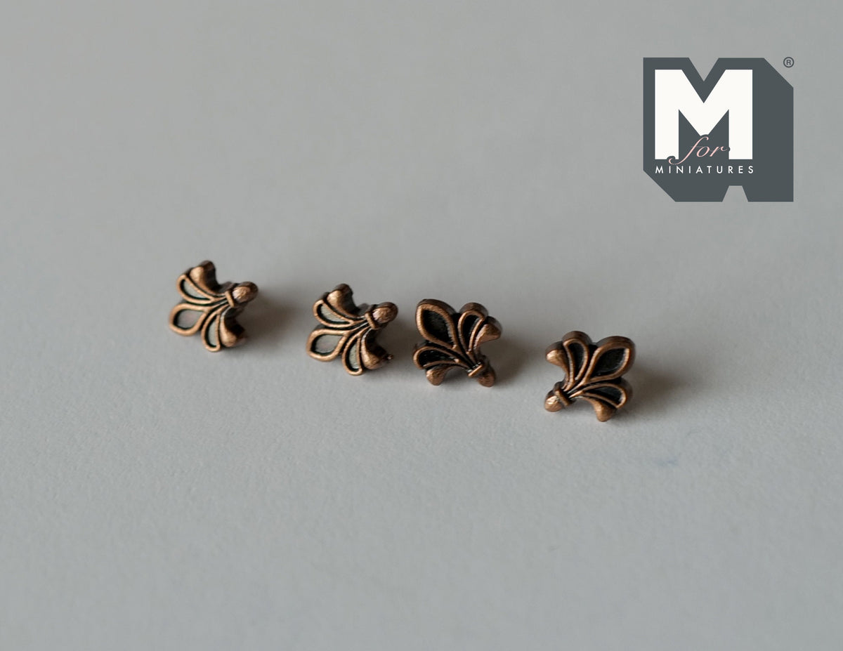 1:12 Scale Miniature Antique Bronze Fleur de Lis Cabinet Knobs, Set of 4, 3/16 inch dia., DIY Dollhouse Supply (K)