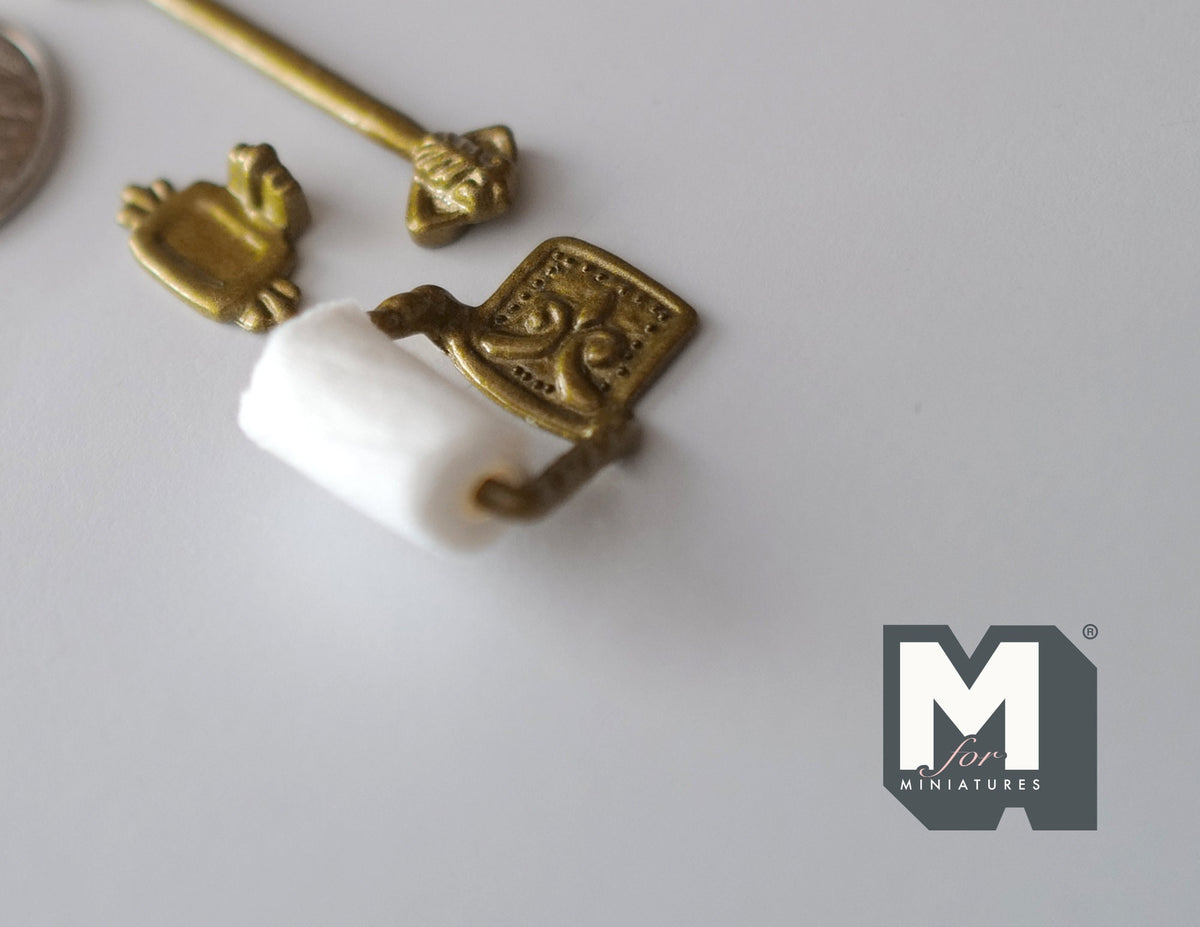 1:12 Scale Miniature Toilet Roll Holder, Towel Bar and Soap Dish, Set of 3, 1-7/8 inch long, DIY Dollhouse Supply (brass)