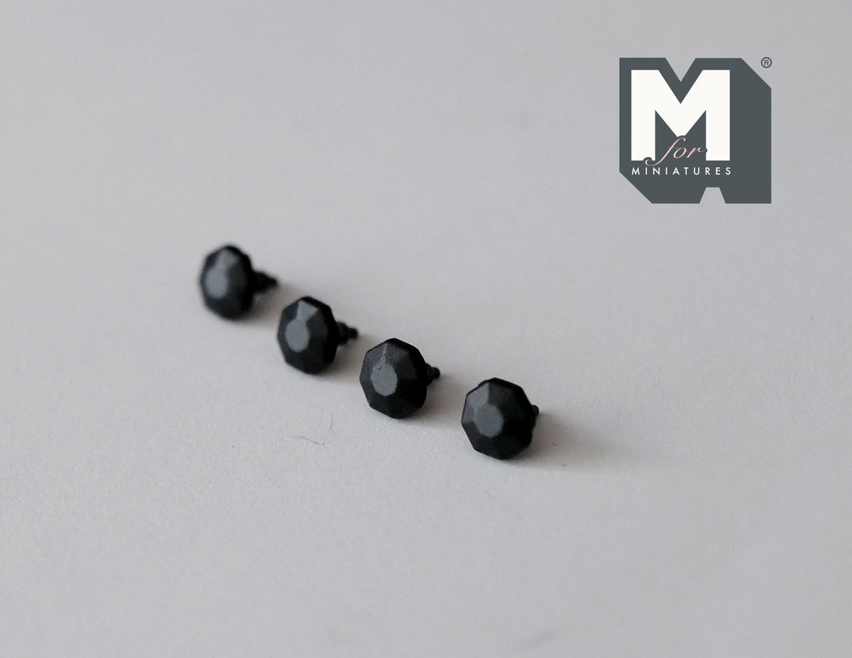 1:12 Scale Miniature Matte Black Faceted Cabinet Knobs, Set of 4, 3/16 inch dia., DIY Dollhouse Supply (D)