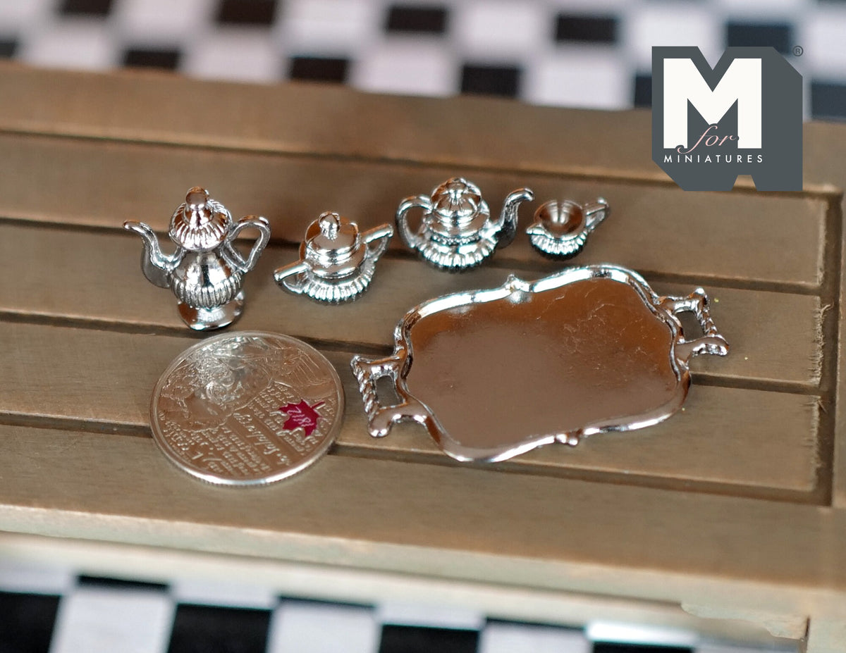1:12 Scale Miniature Holloware Tea Service with 2 Teapots and Tray, Set of 5, 13/16 inch tall, DIY Dollhouse Supply (silver)