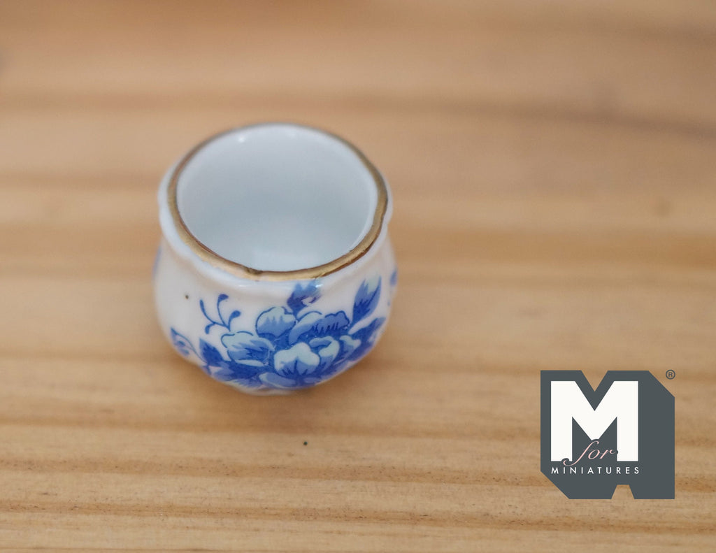 1:12 Scale Miniature Ceramic Flower Pot, Blue Floral Pattern, 13/16 inch tall, DIY Dollhouse Supply