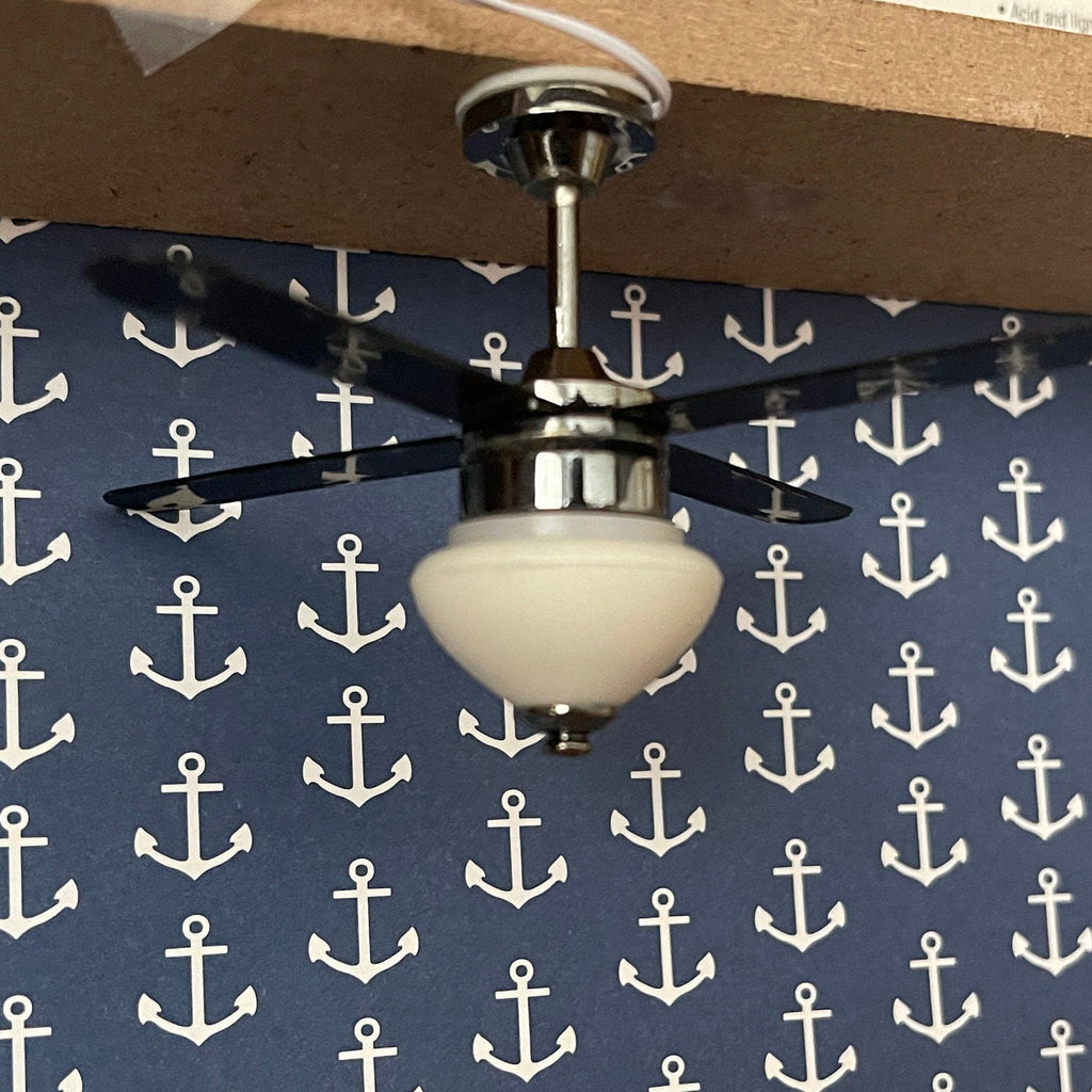 1:12 Scale Miniature Ceiling Fan with Light, 4 Black Blades, 12V, 3-11/16 inch dia., DIY Dollhouse Supply