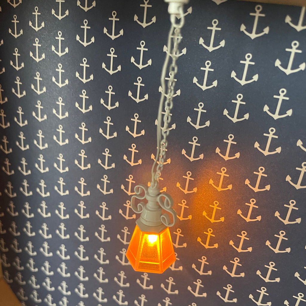 1:12 Scale Miniature Brass Chain Drop Pendant Light, Amber Glass Shade, 12V with Plug, 4-1/8 inch tall, DIY Dollhouse Supply