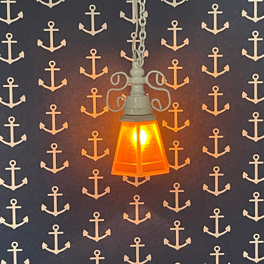 1:12 Scale Miniature Brass Chain Drop Pendant Light, Amber Glass Shade, 12V with Plug, 4-1/8 inch tall, DIY Dollhouse Supply