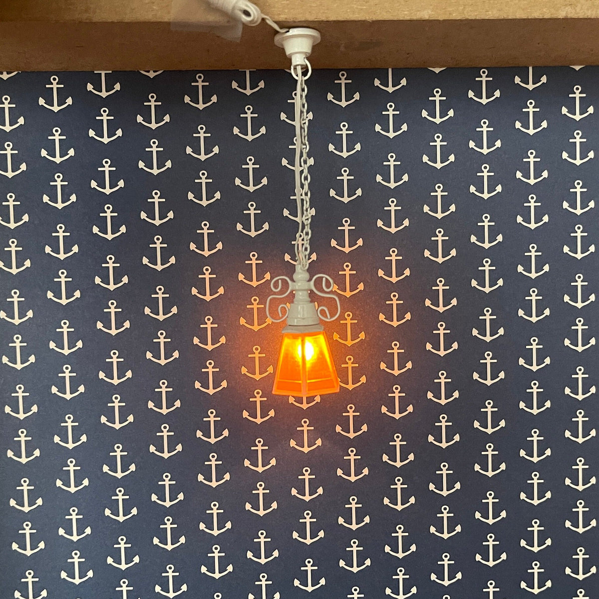 1:12 Scale Miniature Brass Chain Drop Pendant Light, Amber Glass Shade, 12V with Plug, 4-1/8 inch tall, DIY Dollhouse Supply