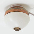 1:12 scale miniature round ceiling light with frosted glass dome and copper tone trim, 12V plug, shown mounted