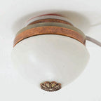 1:12 scale miniature round ceiling light with frosted glass dome and copper tone trim, 12V plug, shown mounted