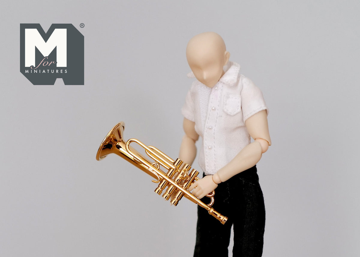 1:12 Scale Miniature Trumpet with Storage Case, 2-1/4 inch wide, DIY Dollhouse Supply (brass)