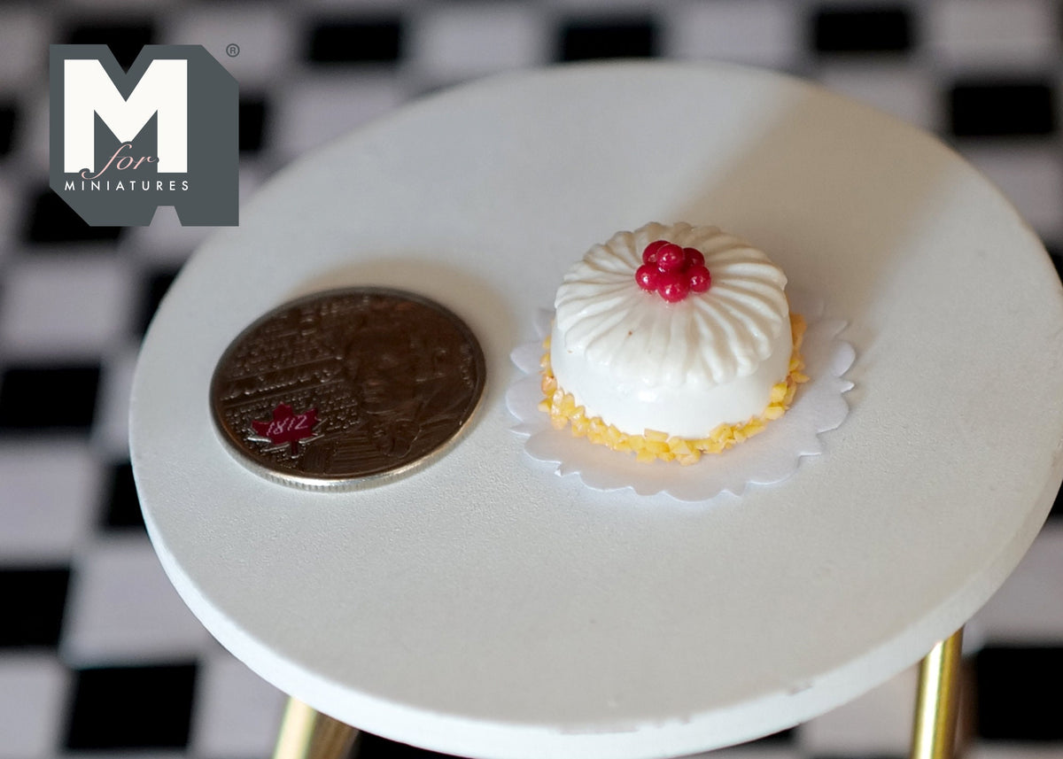1:12 Scale Miniature Cherry Cake, White Frosting, 13/16 inch dia., DIY Dollhouse Supply