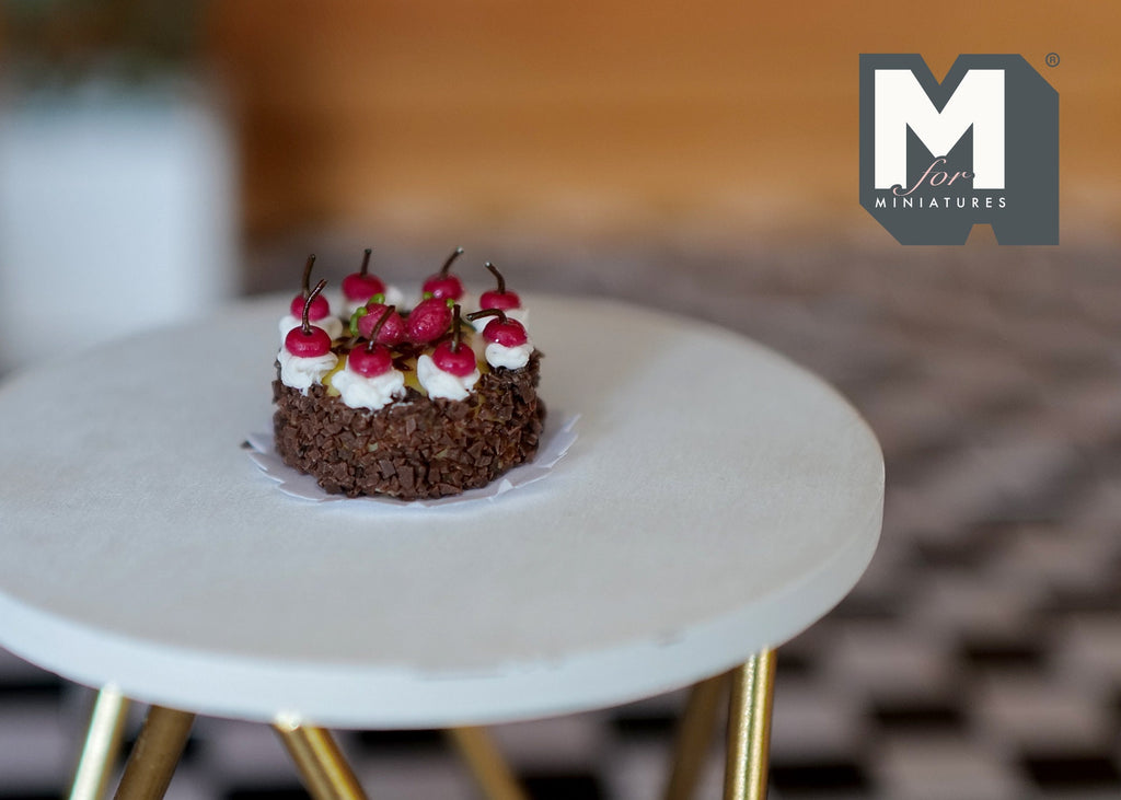 1:12 Scale Miniature Chocolate Cake with Cherries and Cream Rosettes, 7/8 inch dia., DIY Dollhouse Supply (clay)