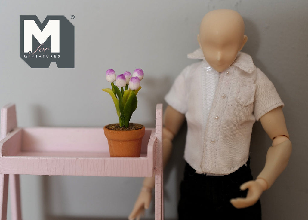 1:12 Scale Miniature Potted Tulips, Terracotta Pot, 1-1/4 inch tall, DIY Dollhouse Supply (pink)