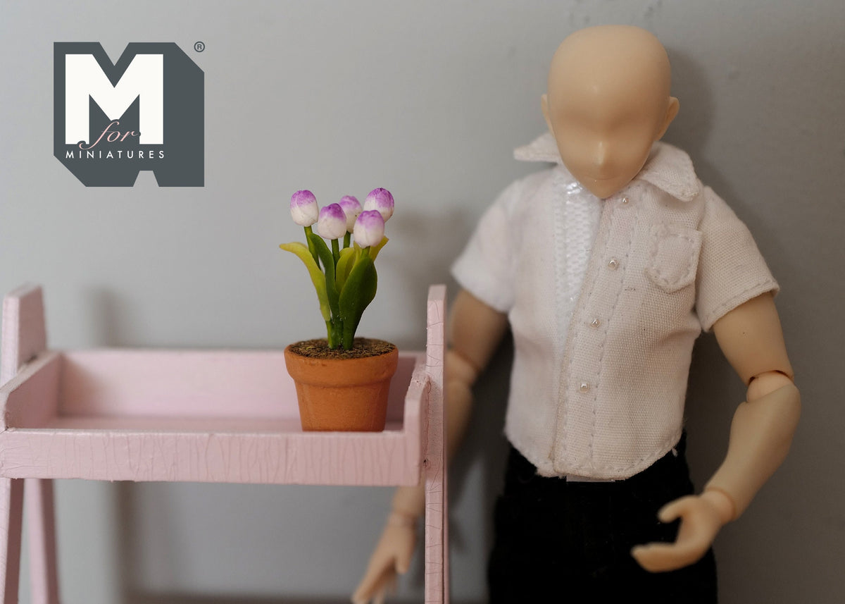 1:12 Scale Miniature Potted Tulips, Terracotta Pot, 1-1/4 inch tall, DIY Dollhouse Supply (pink)