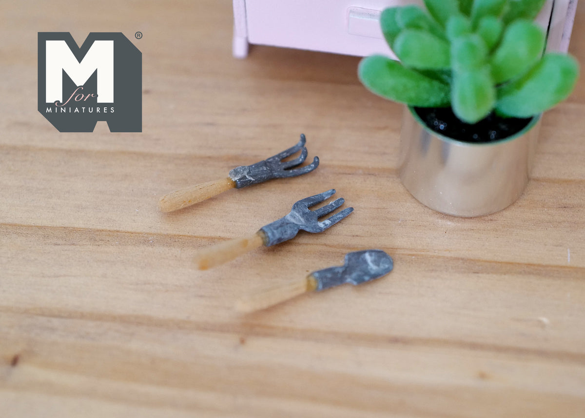 1:12 Scale Miniature Garden Hand Tools, Trowel, Fork and Rake, Set of 3, 9/16 inch long, DIY Dollhouse Supply