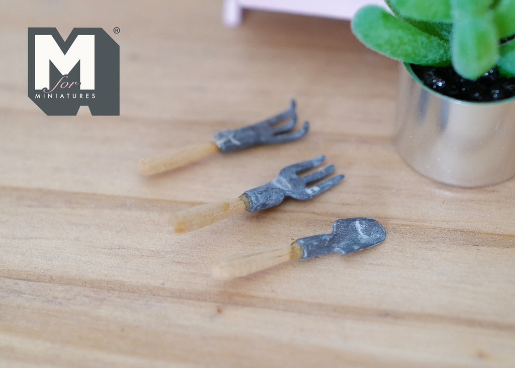 1:12 Scale Miniature Garden Hand Tools, Trowel, Fork and Rake, Set of 3, 9/16 inch long, DIY Dollhouse Supply