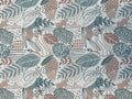 1:12 scale miniature peel and stick wallpaper with tree vines and leaves in teal and rust on a cream background