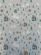 1:12 scale miniature winter village peel and stick wallpaper with houses and pine trees in green and gray tones